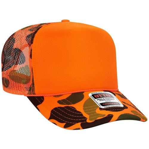 OTTO 39-165 sponge foam mesh back trucker hat - Neon Orange / Camo