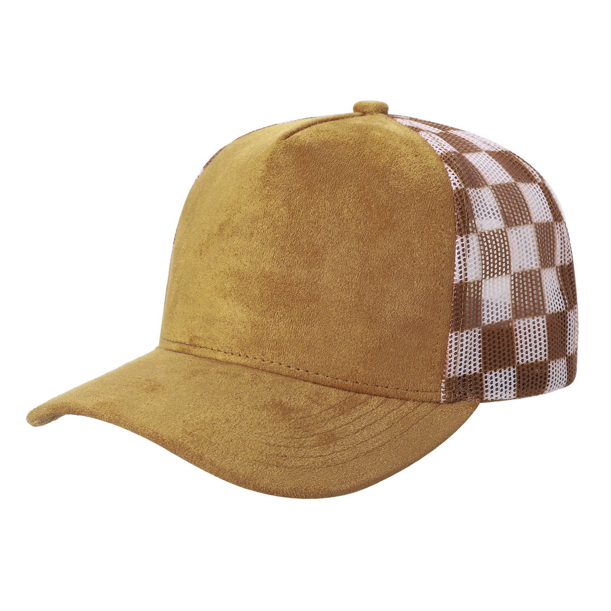 5 Panel Suede Cap with Checkered Mesh Snapback #502MC in L.BROWN - Style 502MC | Pro Cap