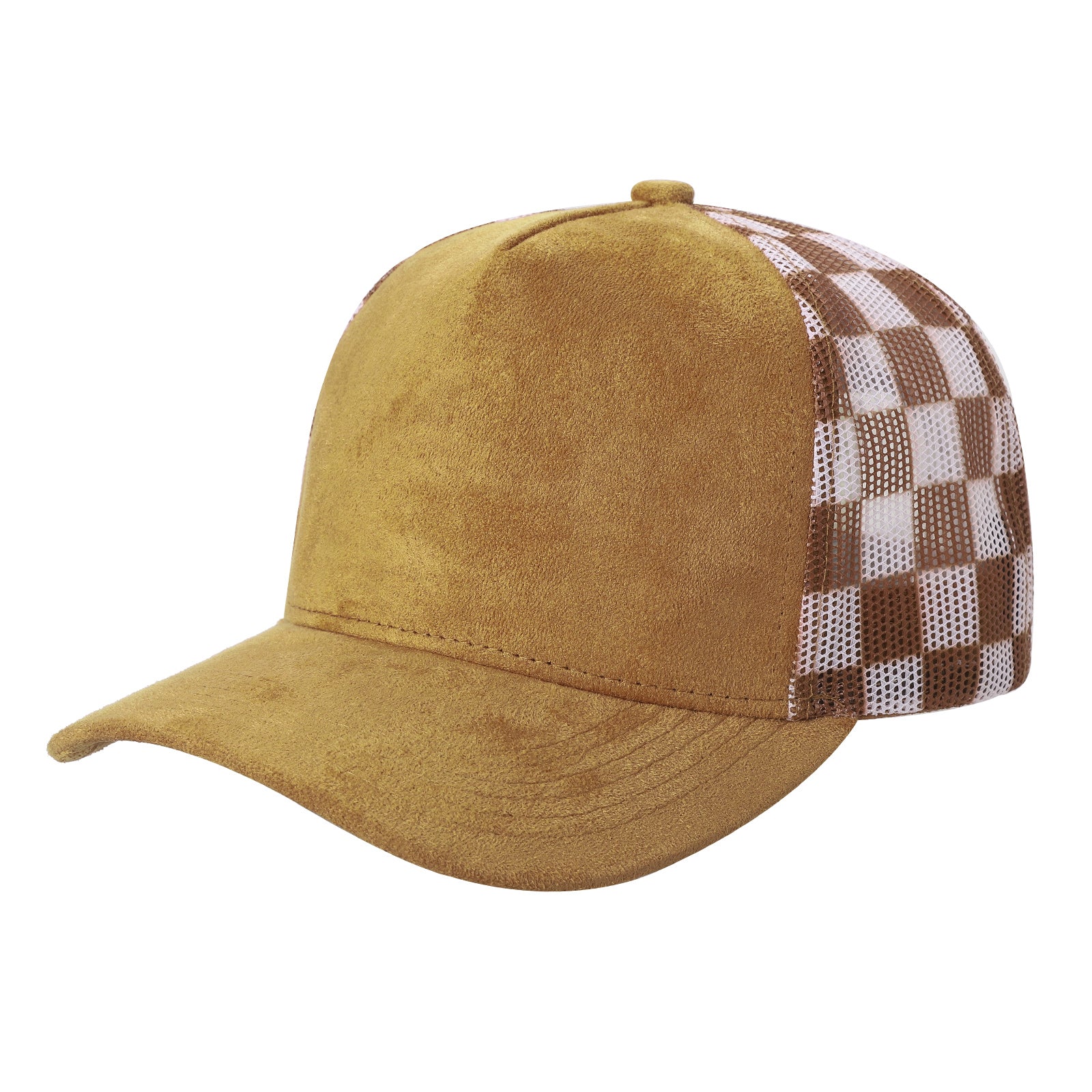 5 Panel Suede Cap with Checkered Mesh Snapback #502MC in L.BROWN - Style 502MC | Pro Cap