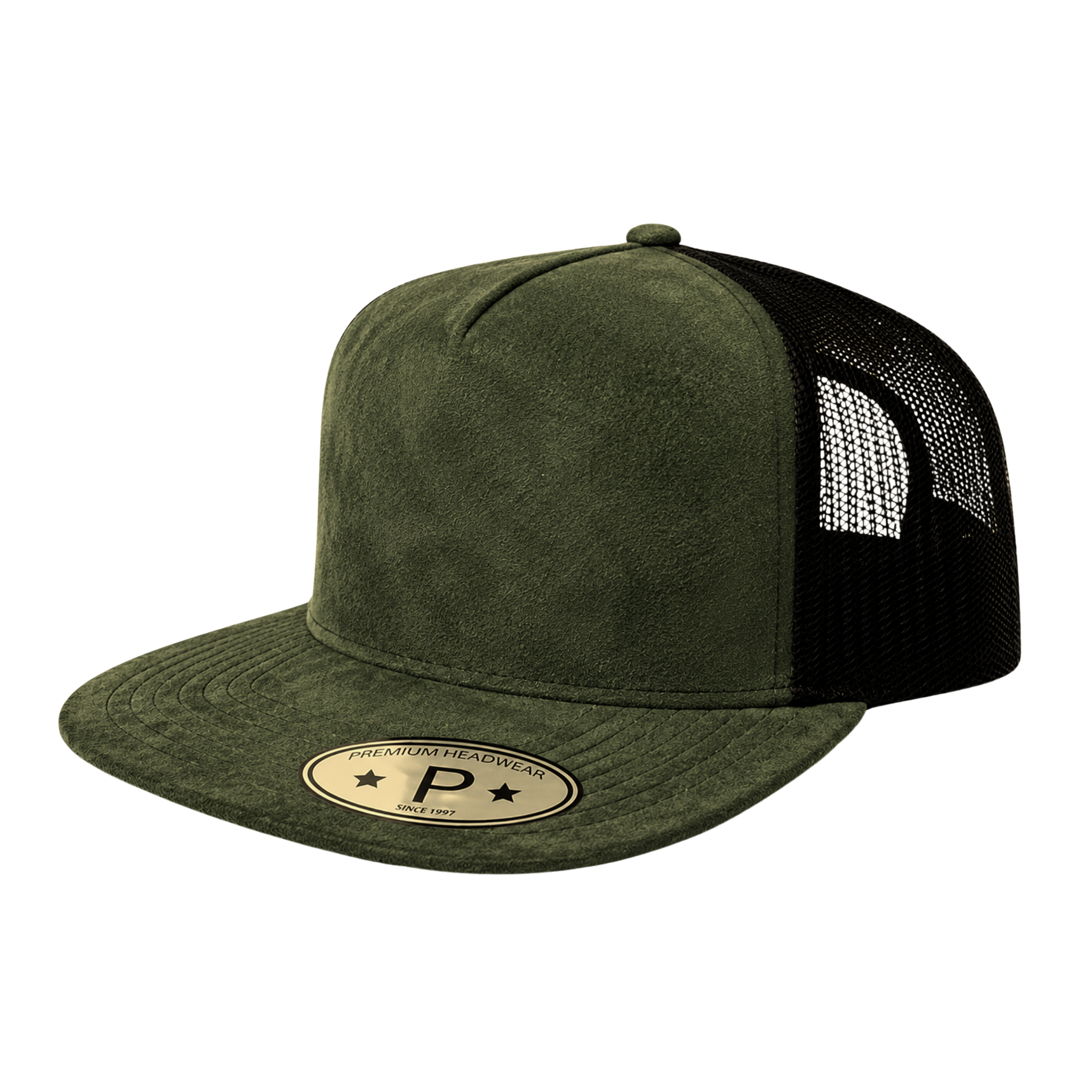 Procap #521 Olive / Black suede front mesh back flat bill snapback cap - wholesale blank hat