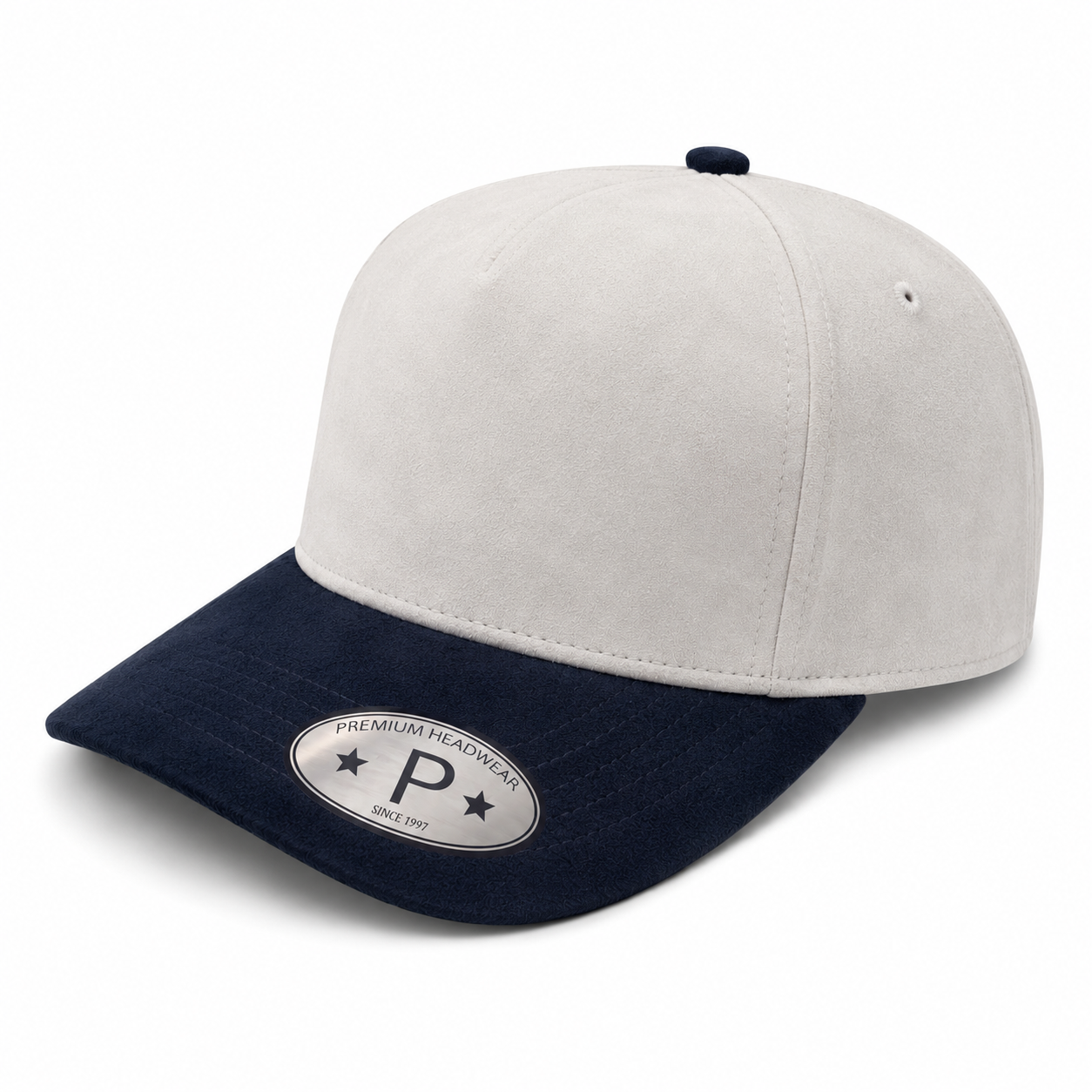 522 5 Panel Suede Snapback Cap White Navy