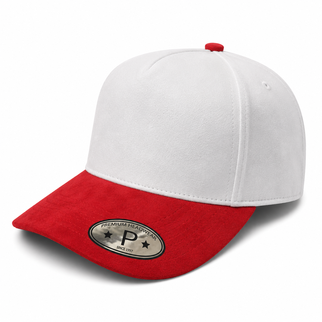 522 5 Panel Suede Snapback Cap White Red