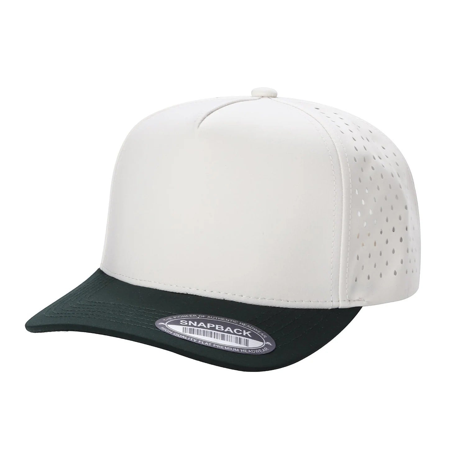 530 5 Panel Laser Perforated Snapback Cap White Dark Green