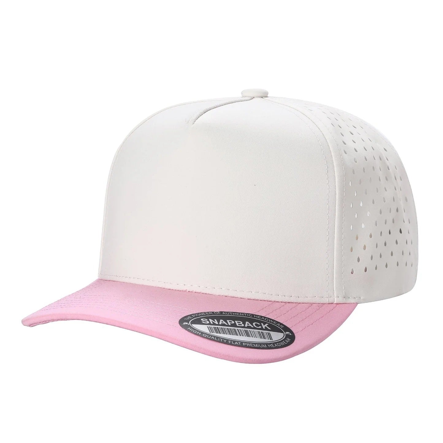530 5 Panel Laser Perforated Snapback Cap White Pink