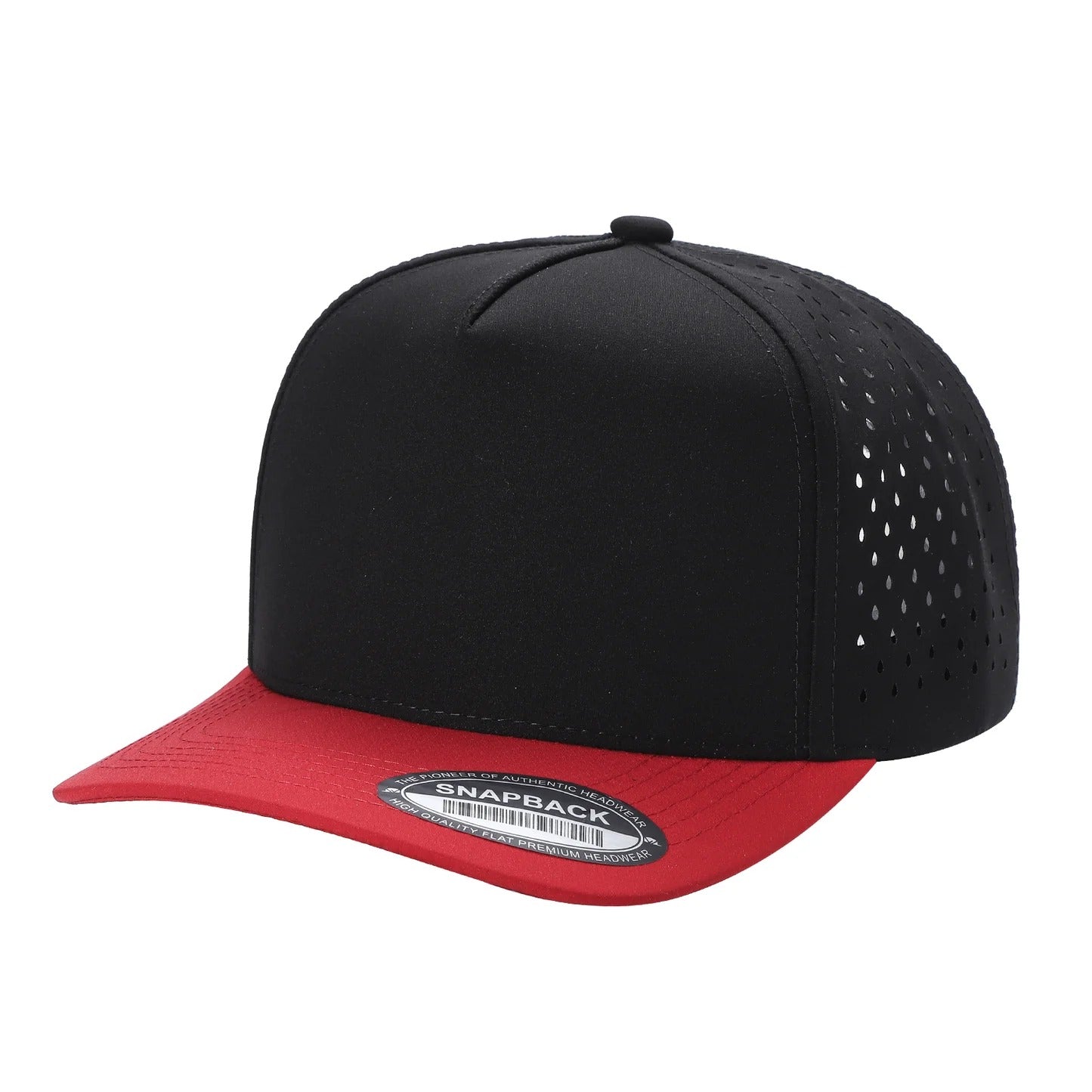 530 5 Panel Laser Perforated Snapback Cap Black Red