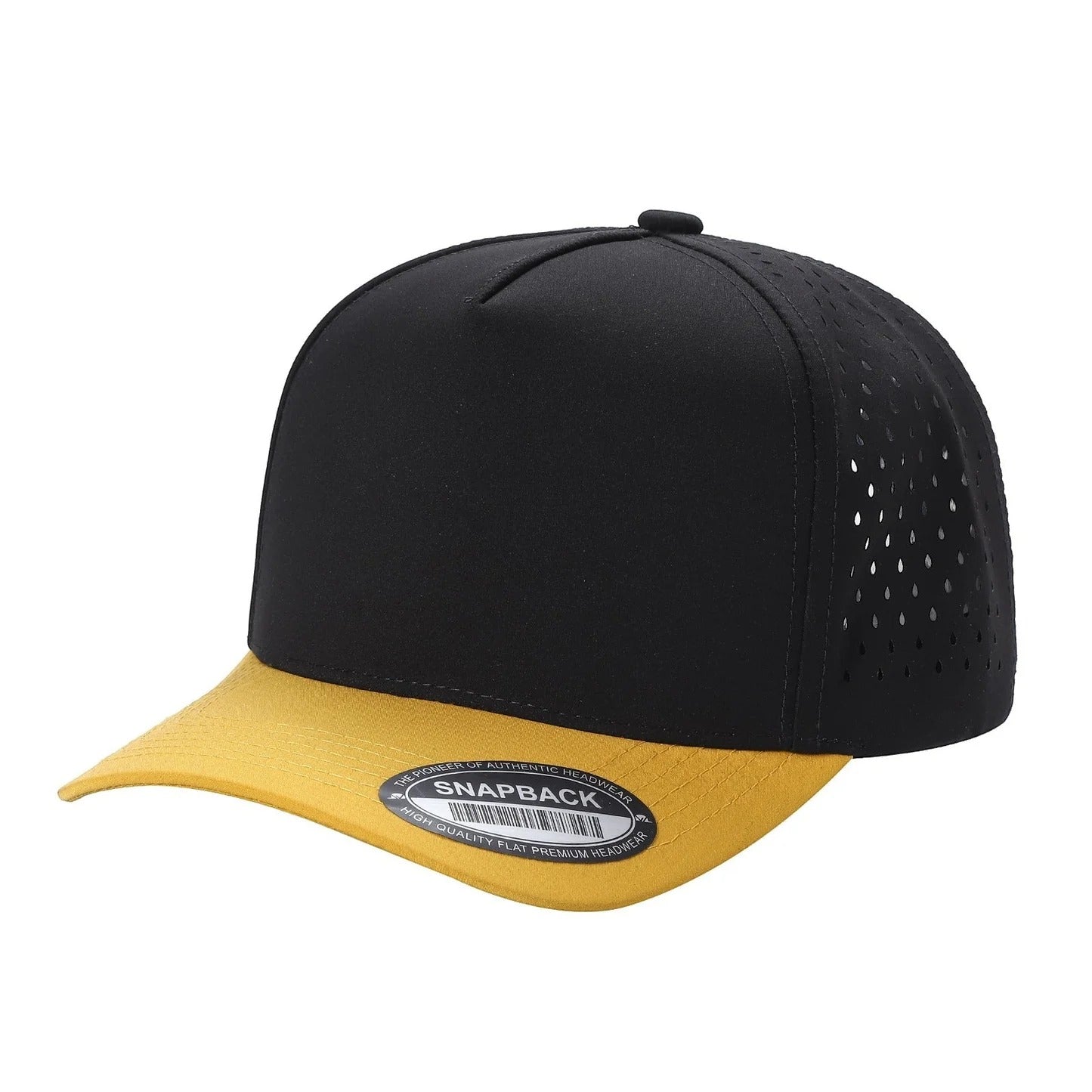530 5 Panel Laser Perforated Snapback Cap Black Gold