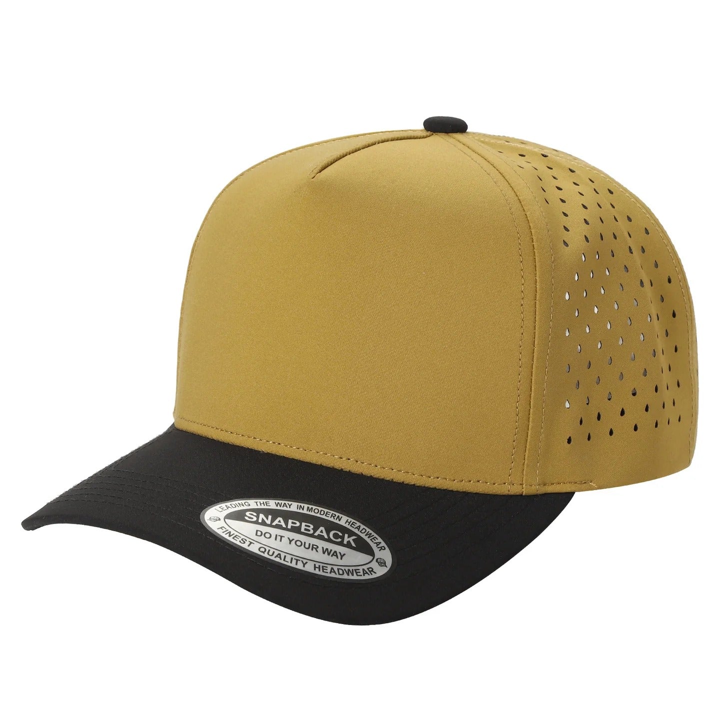 530 5 Panel Laser Perforated Snapback Cap Mustard Black
