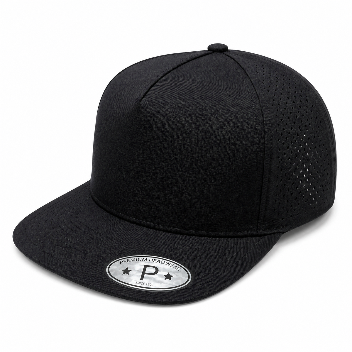 Black 533FL 5 panel laser perforated cap shown in flat bill presentation
