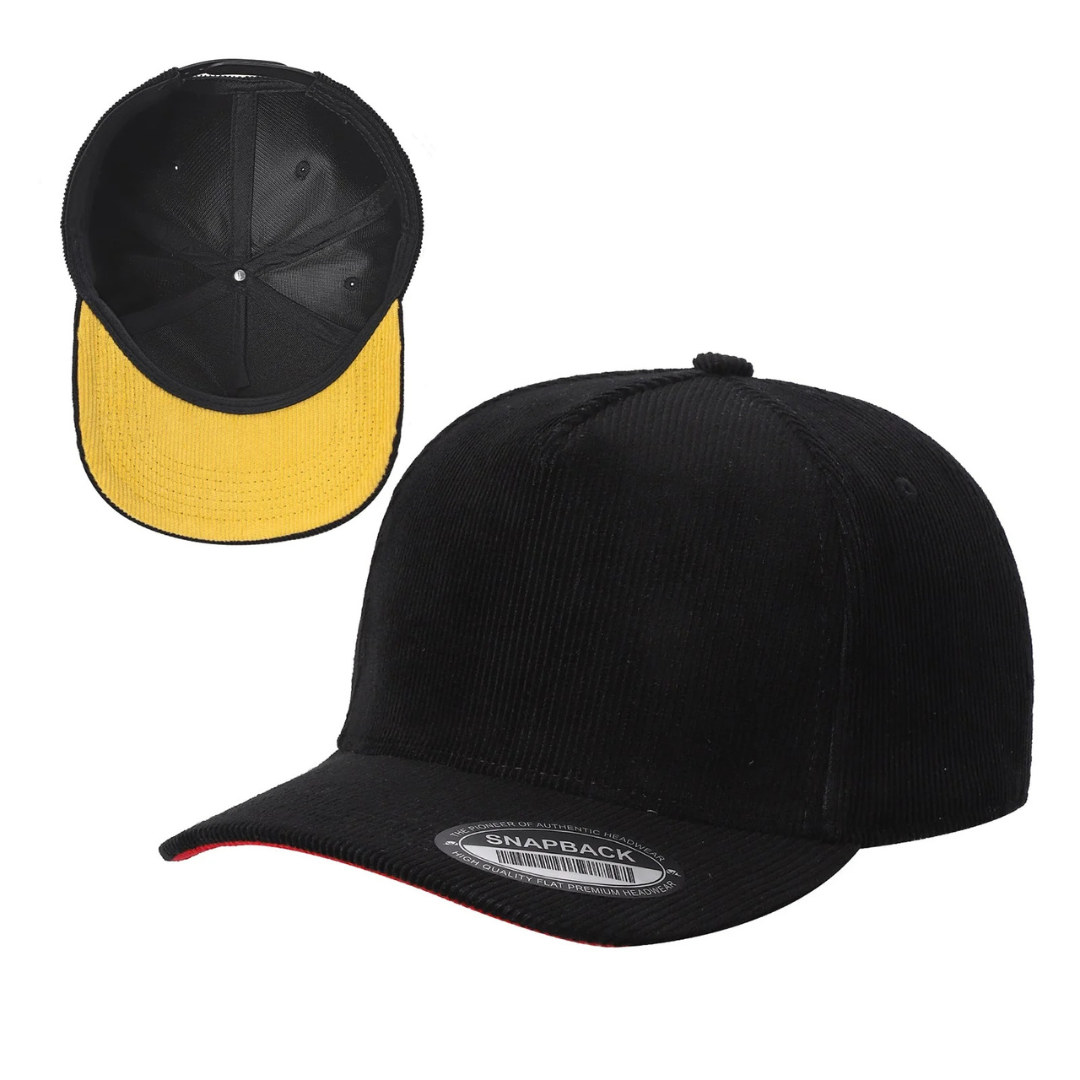 591 5 Panel Two-Tone Structured Snapback Cap Black Gold Mesh