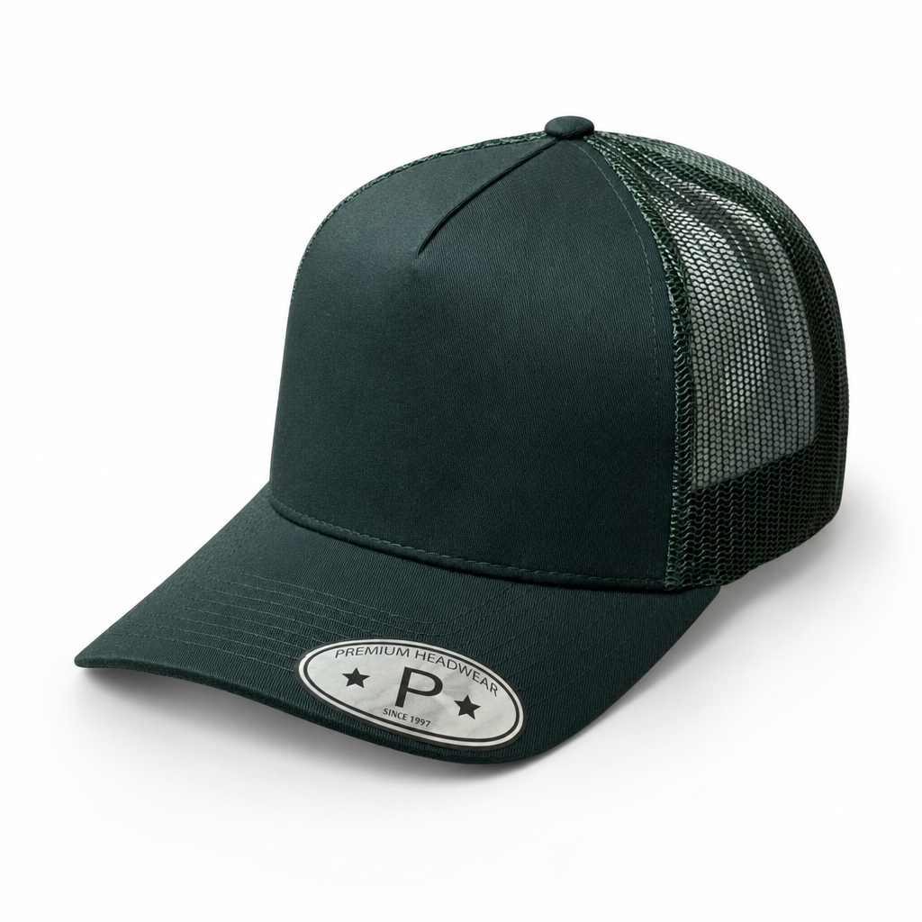 5 Panel Curved Bill Mesh Snapback Cap #5PCM in D.Green - Style 5PCM | Pro Cap Wholesale