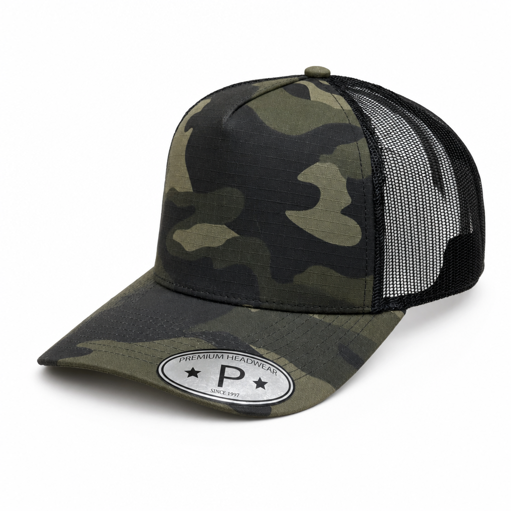 5 Panel Curved Bill Trucker Mesh Mexico Under Bill  #5PCMU-MEXICO in CAMO-BLACK - Style 5PCMU-MX | Pro Cap