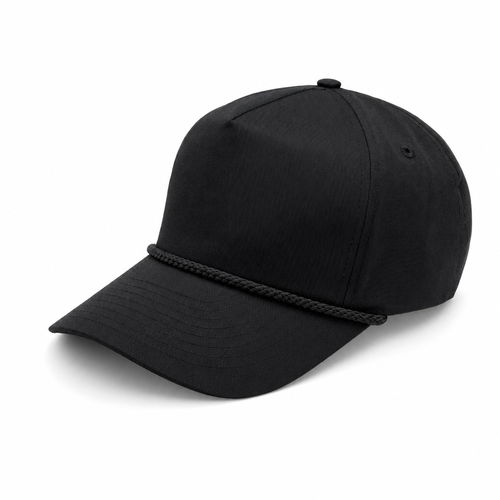 5 Panel Curved Bill Unstructued Rope Cap #5PCR-UNSTRUCTURED in BLACK - Style 5PCR-UNS | Pro Cap