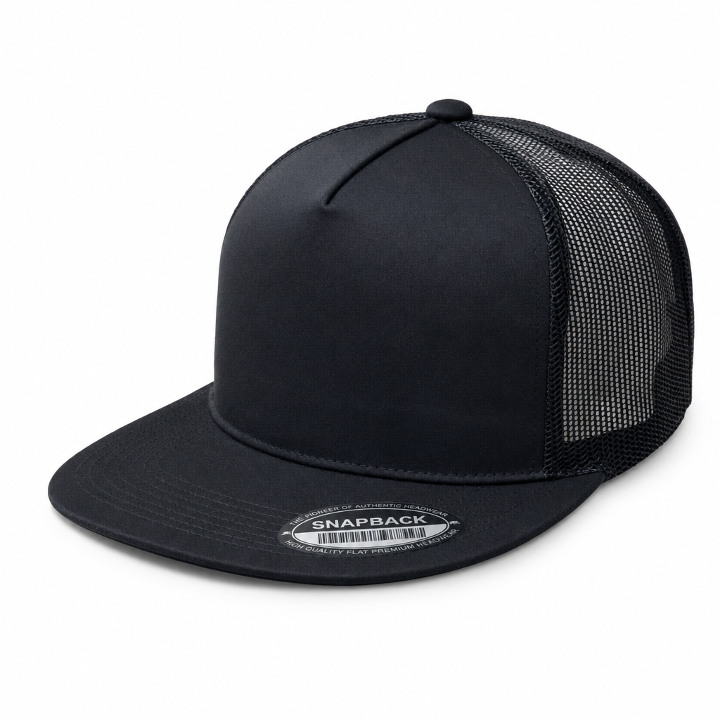 Black 5 Panel High Profile Flat Bill Mesh Trucker Cap