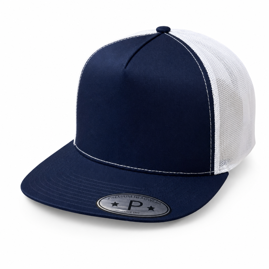 Black and White 5 Panel High Profile Flat Bill Mesh Trucker Cap
