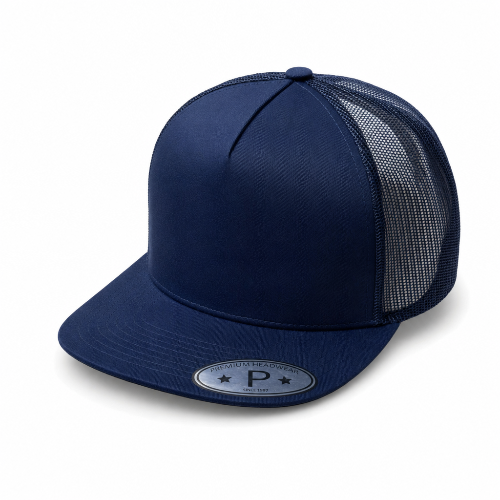 Heather Grey and Black 5Panel High Profile Flat Bill Mesh Trucker Cap
