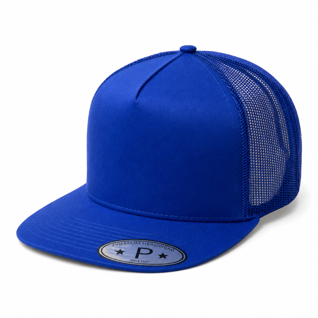 royal and White 5Panel High Profile Flat Bill Mesh Trucker Cap