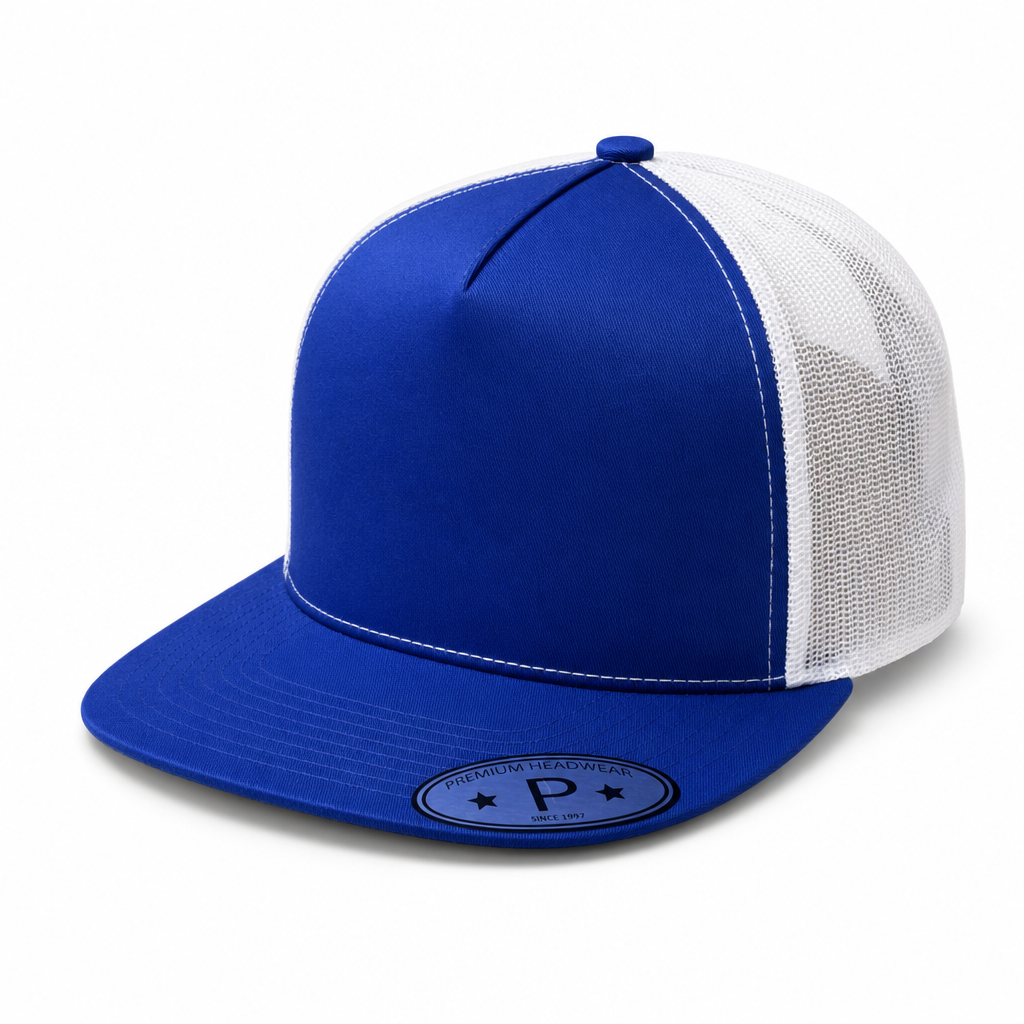 Red 5 Panel High Profile Flat Bill Mesh Trucker Cap