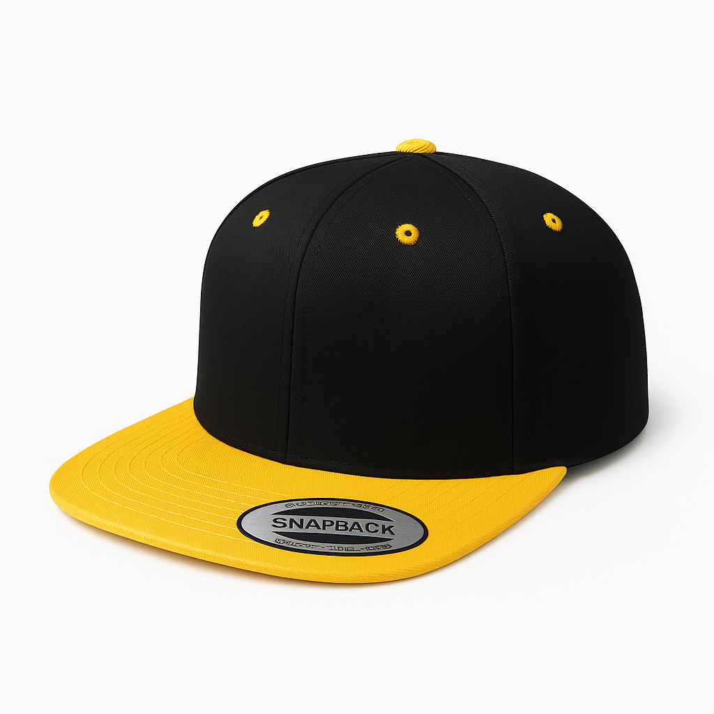 612F 6 Panel Structured Flat Bill Snapback Cap Black Gold