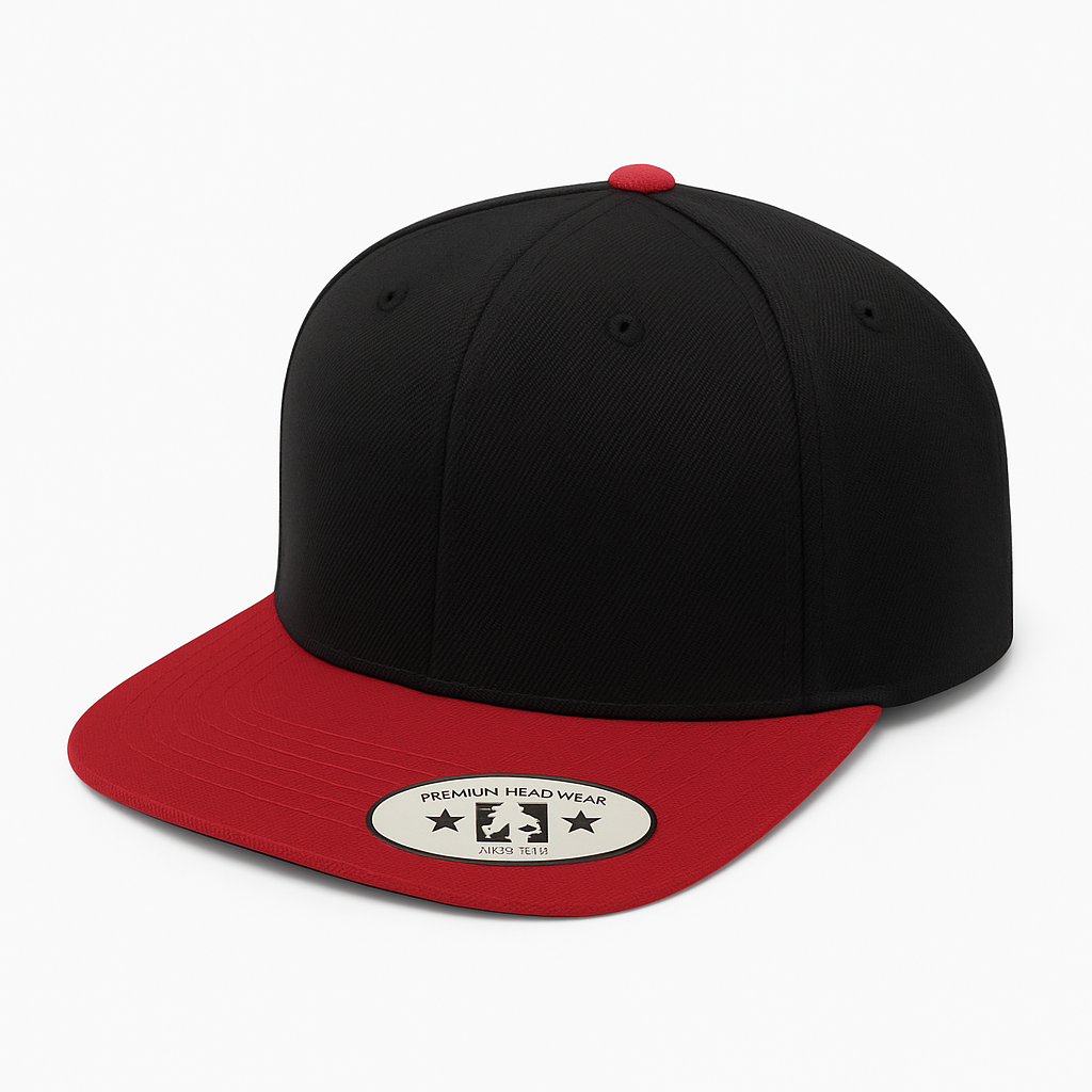 612F 6 Panel Structured Flat Bill Snapback Cap Black Red