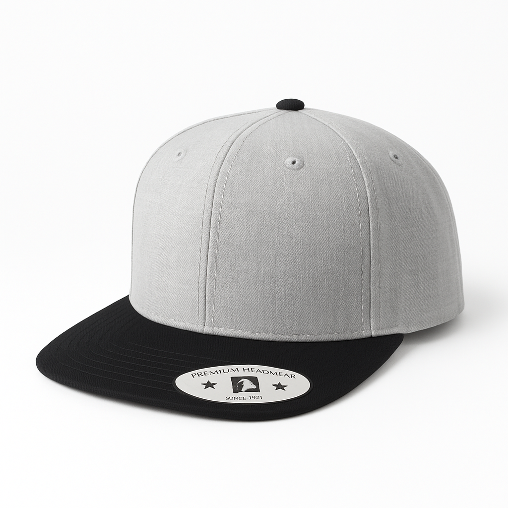 612F 6 Panel Structured Flat Bill Snapback Cap Heather Grey Black