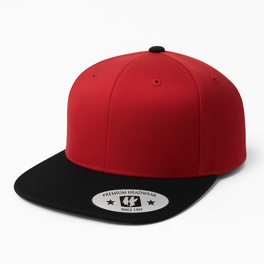 612F 6 Panel Structured Flat Bill Snapback Cap Red Black