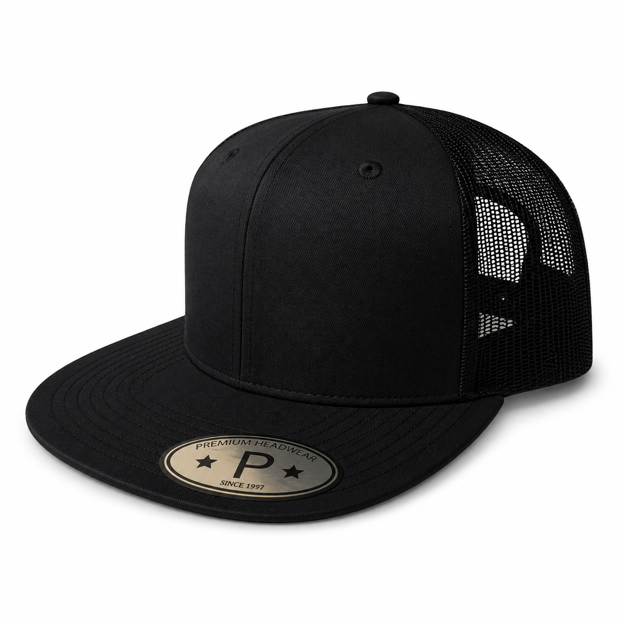 613TF 6 Panel Structured Trucker Snapback Cap Black