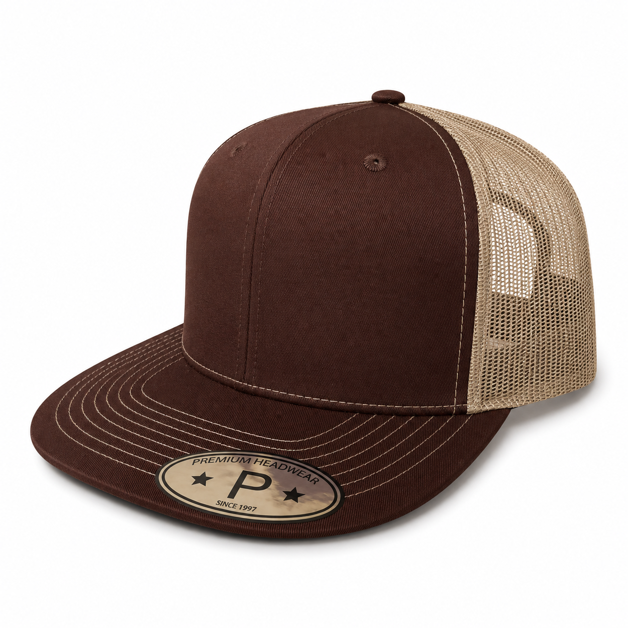 613TF 6 Panel Structured Trucker Snapback Cap Brown Khaki