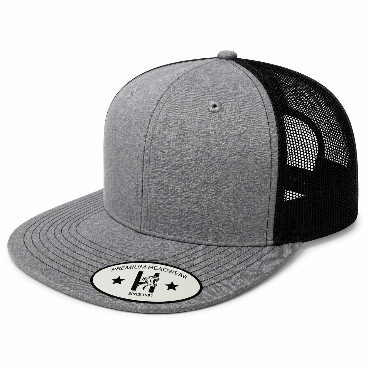 613TF 6 Panel Structured Trucker Snapback Cap Heather Grey Black