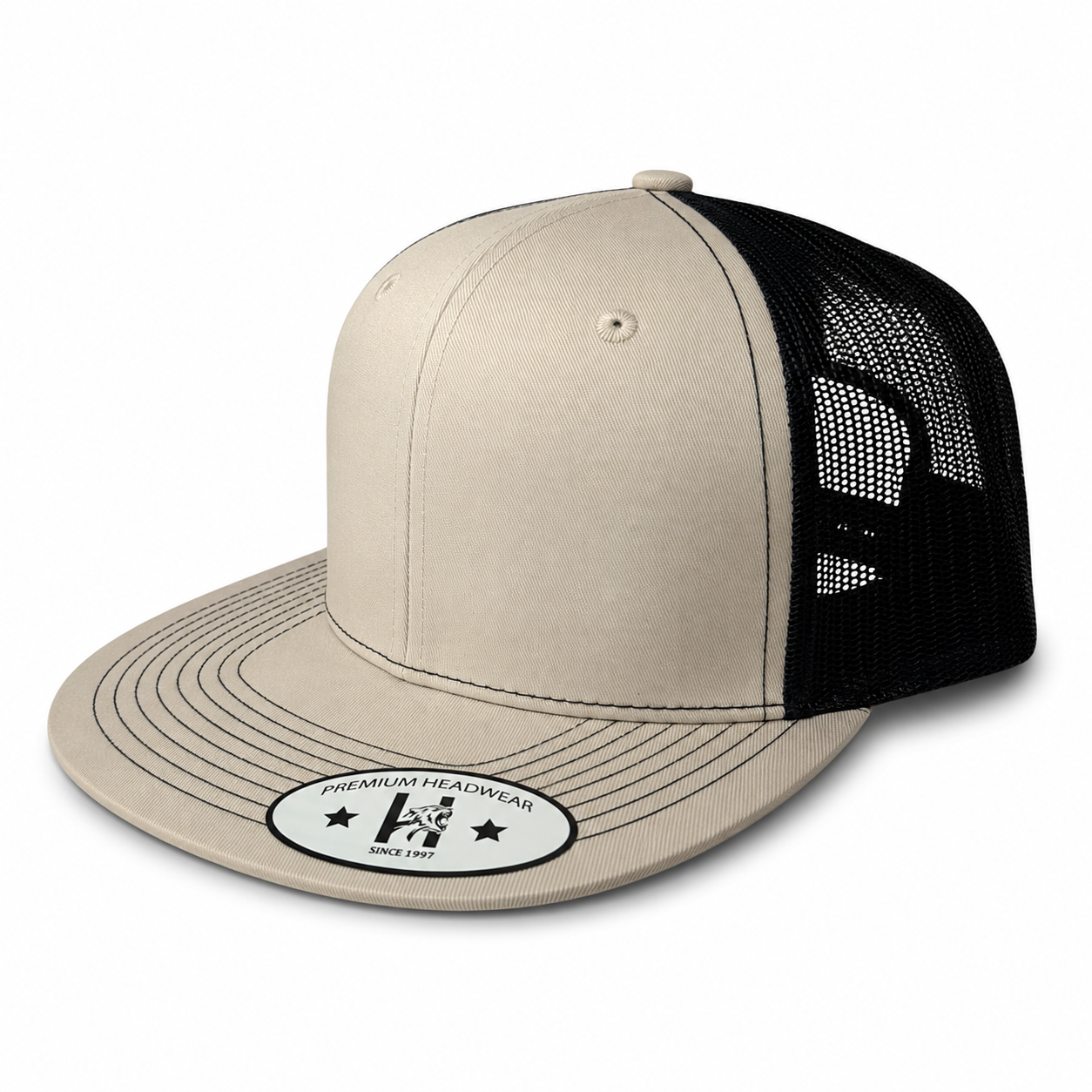 613TF 6 Panel Structured Trucker Snapback Cap Khaki Black