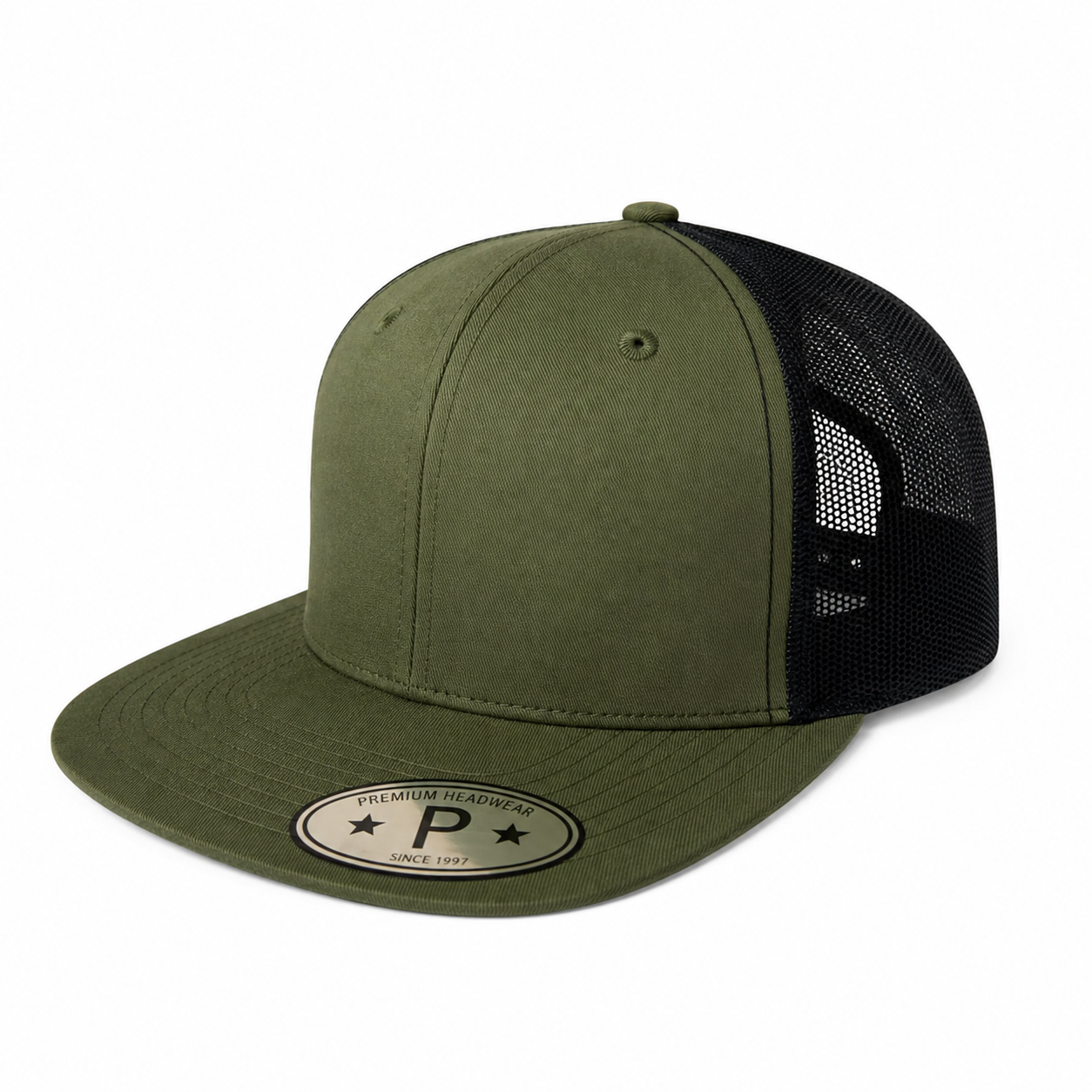 613TF 6 Panel Structured Trucker Snapback Cap Olive Black