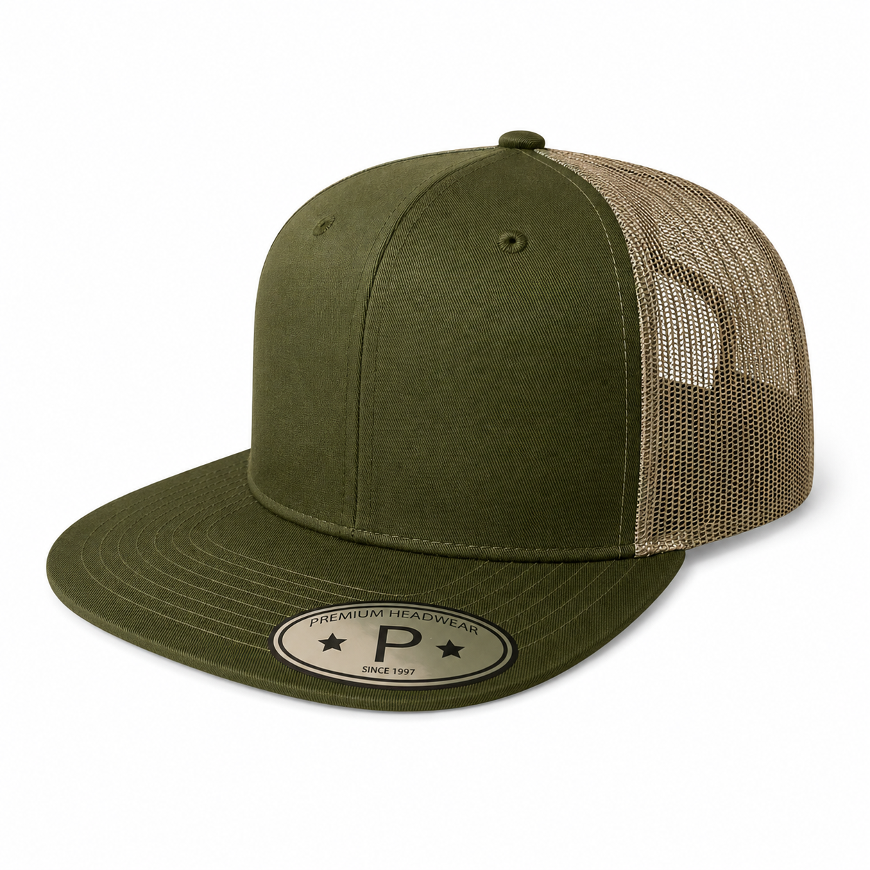 613TF 6 Panel Structured Trucker Snapback Cap Olive Khaki