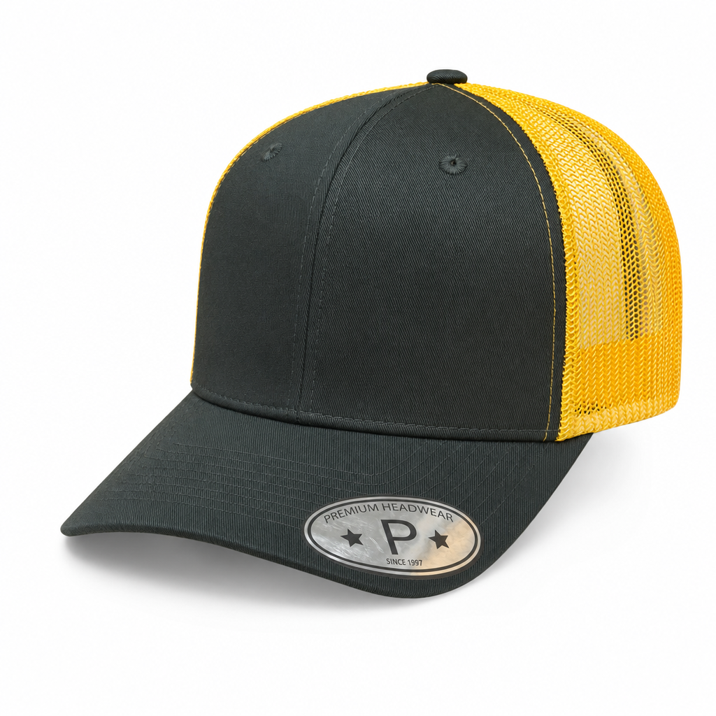 6 Panel Curved Bill Mesh back  Trucker Hats #6PCM in D.GREEN-GOLD - Style 6PCM | Pro Cap