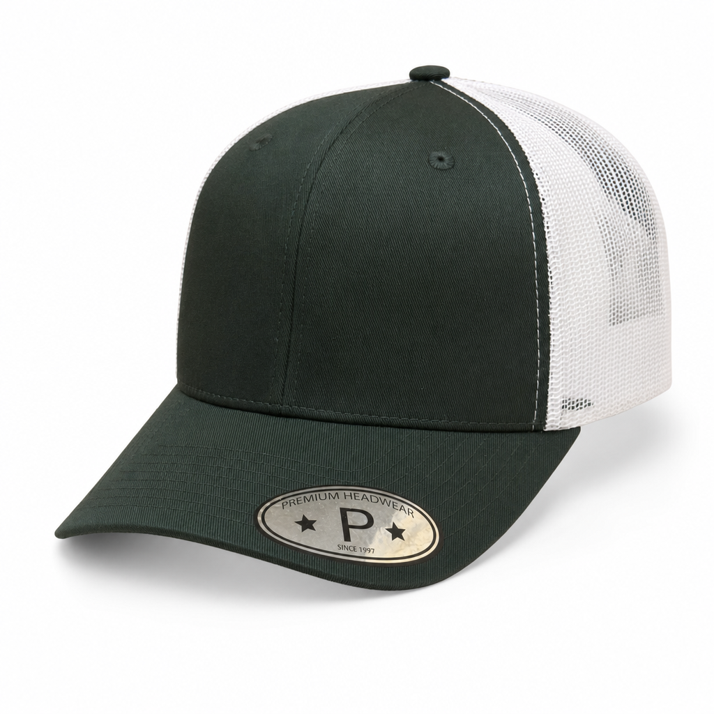 6 Panel Curved Bill Mesh back  Trucker Hats #6PCM in D.GREEN-WHITE - Style 6PCM | Pro Cap
