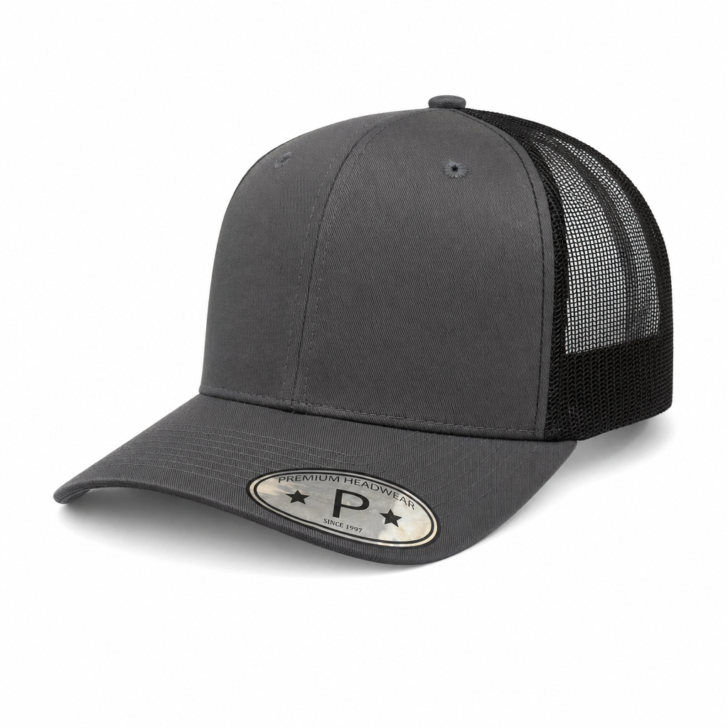 6 Panel Curved Bill Mesh back  Trucker Hats #6PCM in D.GREY-BLACK - Style 6PCM | Pro Cap