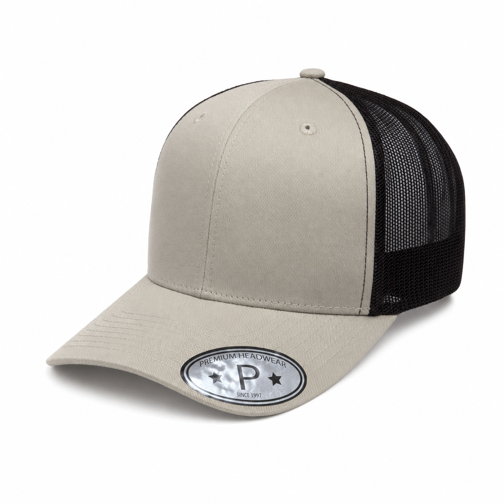 6 Panel Curved Bill Mesh back  Trucker Hats #6PCM in KHAKI-BLACK - Style 6PCM | Pro Cap