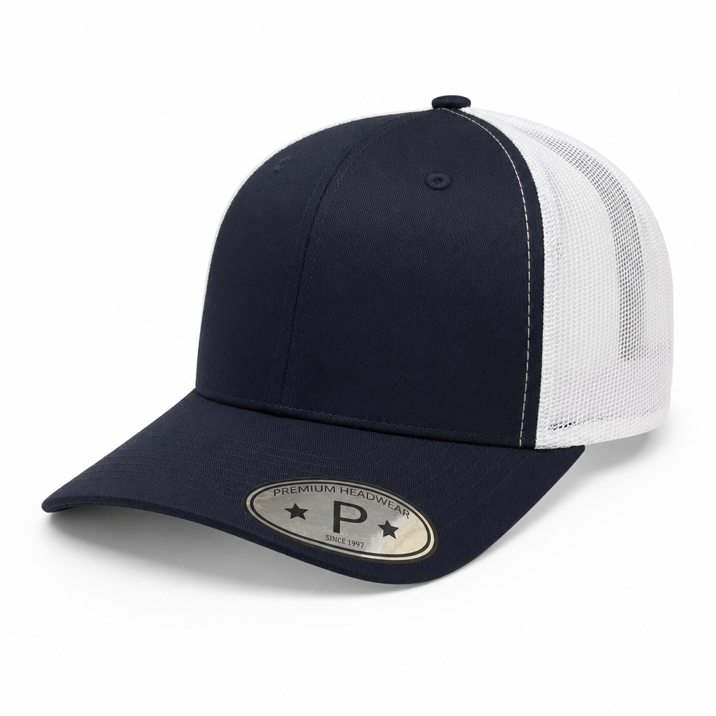 6 Panel Curved Bill Mesh back  Trucker Hats #6PCM in NAVY-WHITE - Style 6PCM | Pro Cap