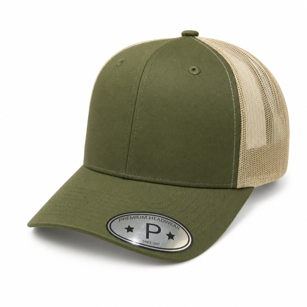 6 Panel Curved Bill Mesh back  Trucker Hats #6PCM in OLIVE-KHAKI - Style 6PCM | Pro Cap