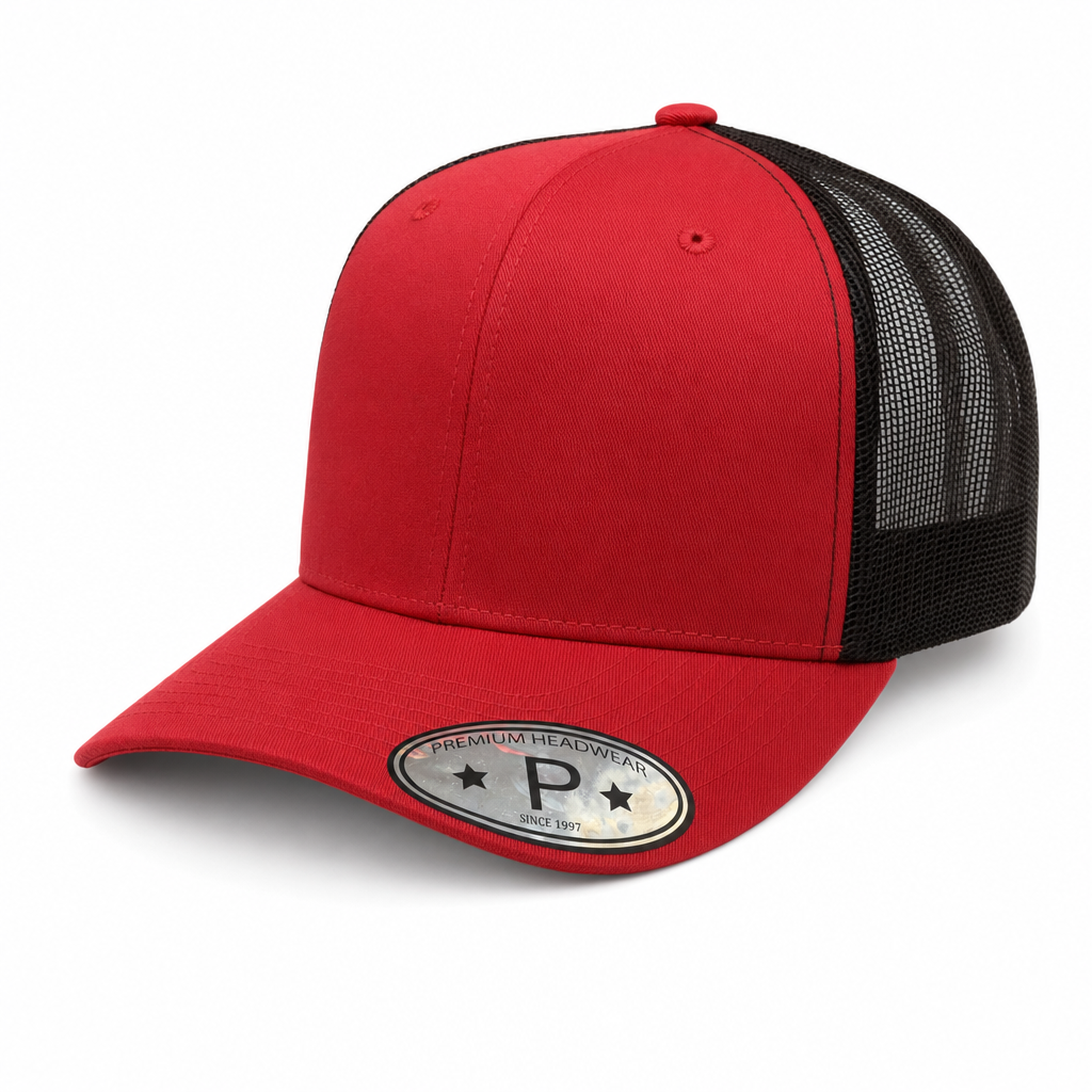 6 Panel Curved Bill Mesh back  Trucker Hats #6PCM in RED-BLACK - Style 6PCM | Pro Cap
