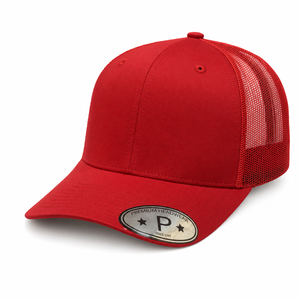 6 Panel Curved Bill Mesh back  Trucker Hats #6PCM in RED - Style 6PCM | Pro Cap