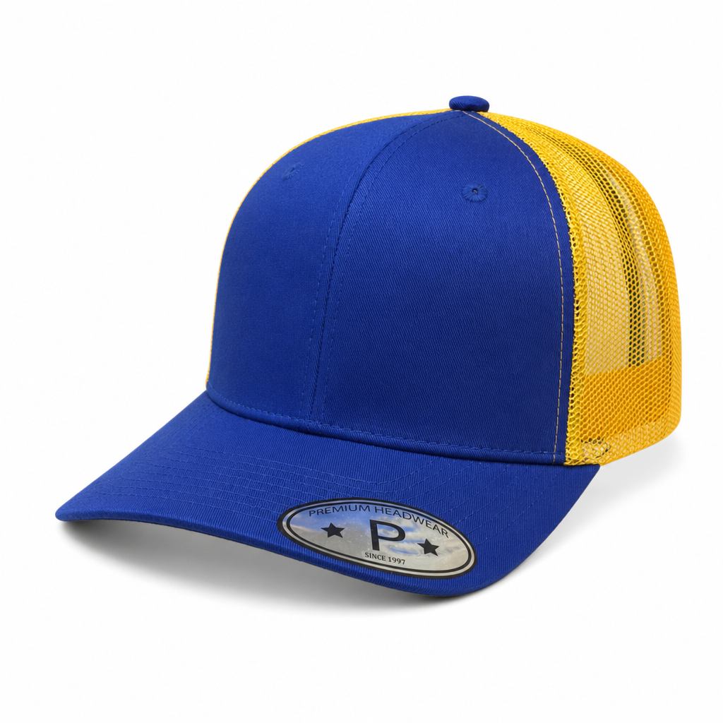 6 Panel Curved Bill Mesh back  Trucker Hats #6PCM in ROYAL-GOLD - Style 6PCM | Pro Cap