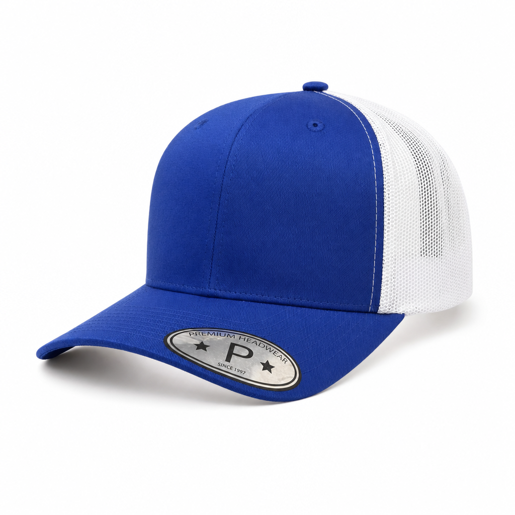 6 Panel Curved Bill Mesh back  Trucker Hats #6PCM in ROYAL-WHITE - Style 6PCM | Pro Cap