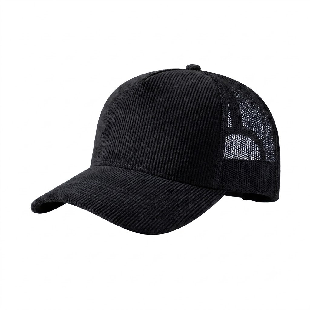 Black Corduroy Mesh 5 Panel Trucker Cap