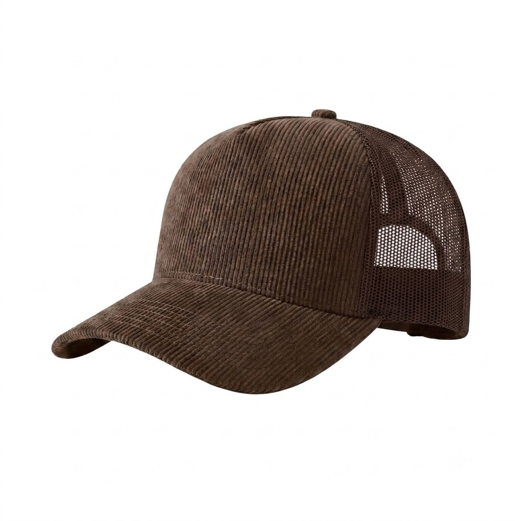 Brown Corduroy Mesh 5 Panel Trucker Cap with adjustable strap