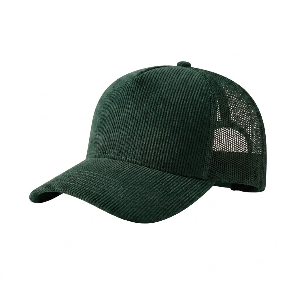 Corduroy Mesh 5 Panel Trucker Cap in Dark Green with Mesh Back