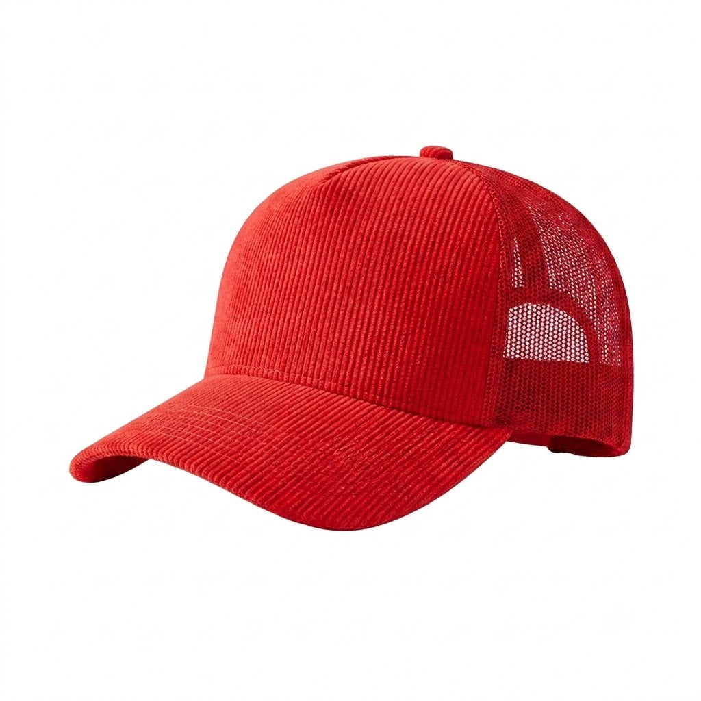 Red Corduroy Mesh 5 Panel Trucker Cap with adjustable mesh back