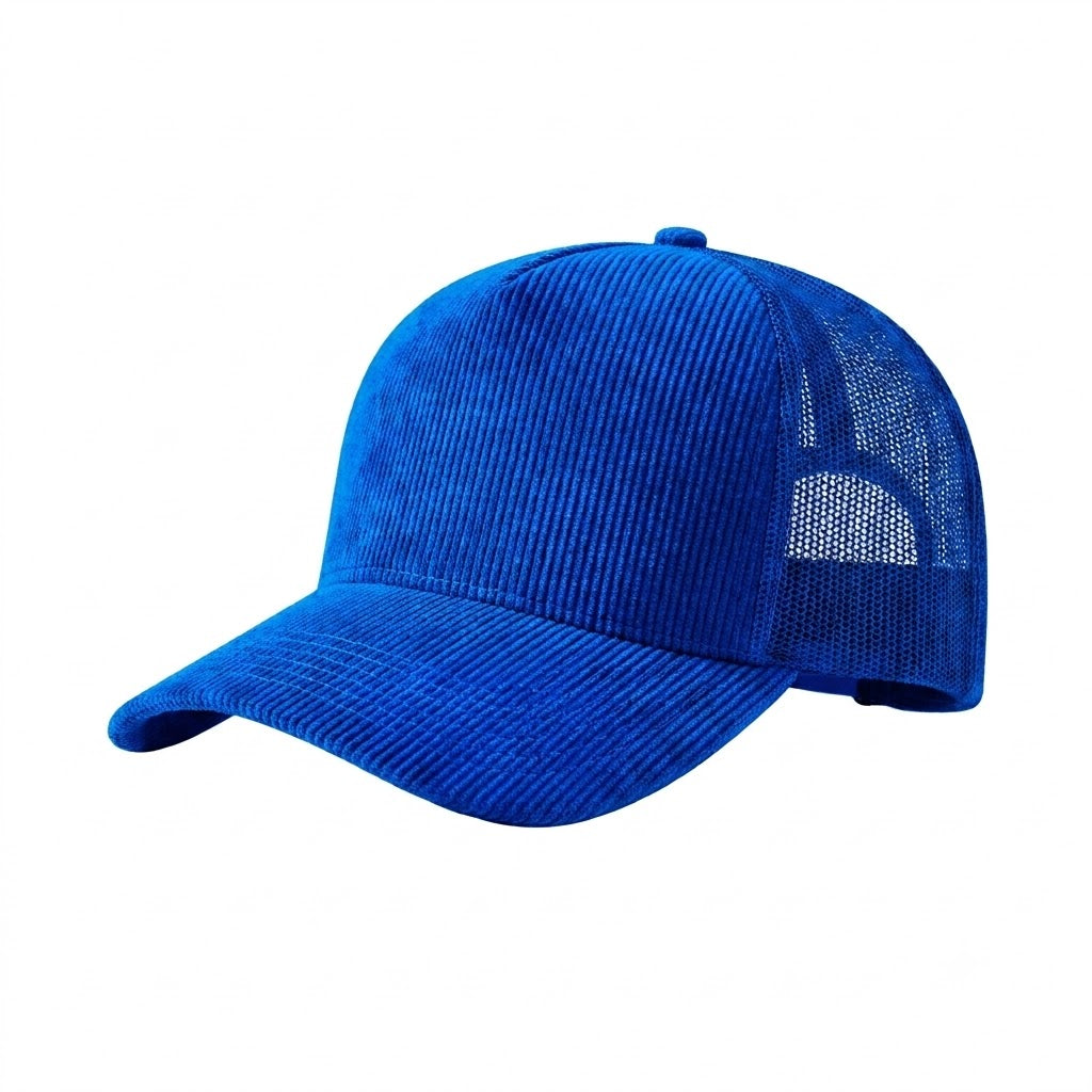 Royal blue corduroy mesh trucker cap with curved brim and adjustable snapback