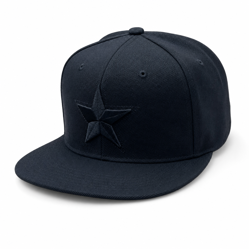 6 Panel Flatbill w/Star Embroidery Snapback Cap #E16001 in BLACK-BLACK - Style E16001 | Pro Cap
