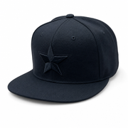 6 Panel Flatbill w/Star Embroidery Snapback Cap #E16001 in BLACK-BLACK - Style E16001 | Pro Cap