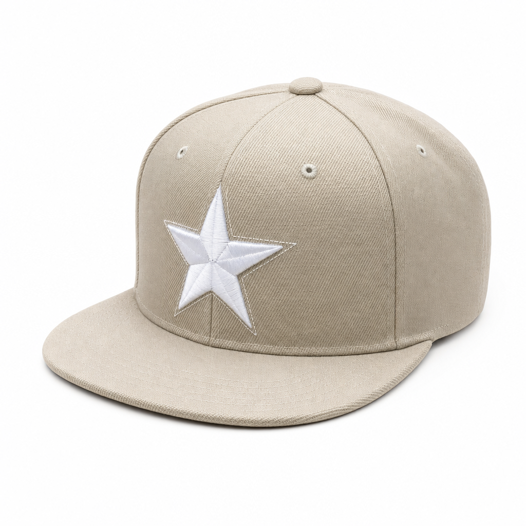 6 Panel Flatbill w/Star Embroidery Snapback Cap #E16001 in KHAKI-WHITE - Style E16001 | Pro Cap