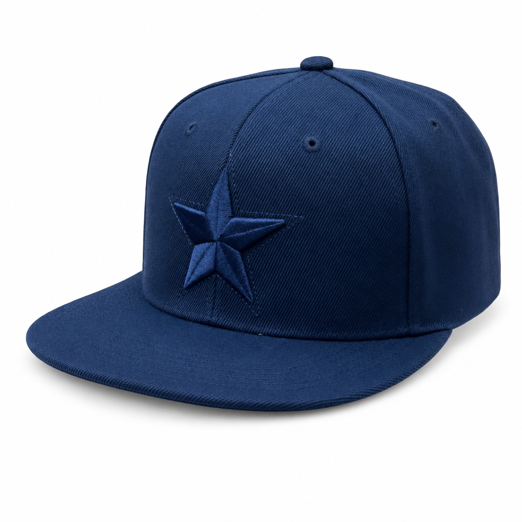 6 Panel Flatbill w/Star Embroidery Snapback Cap #E16001 in NAVY-NAVY - Style E16001 | Pro Cap